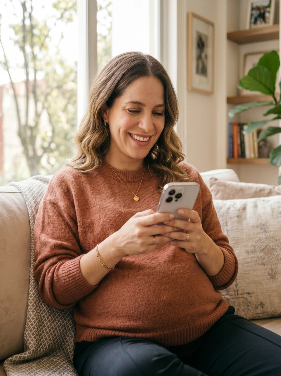 Mamá embarazada contactando a Joy Eventos para su baby shower