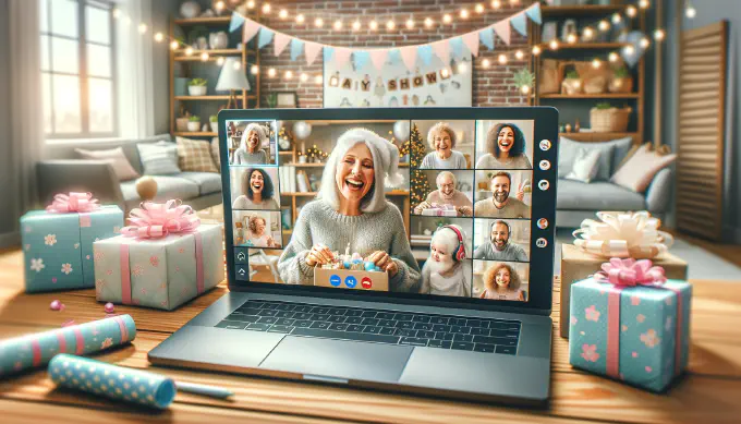 Laptop con asistentes al baby shower virtual